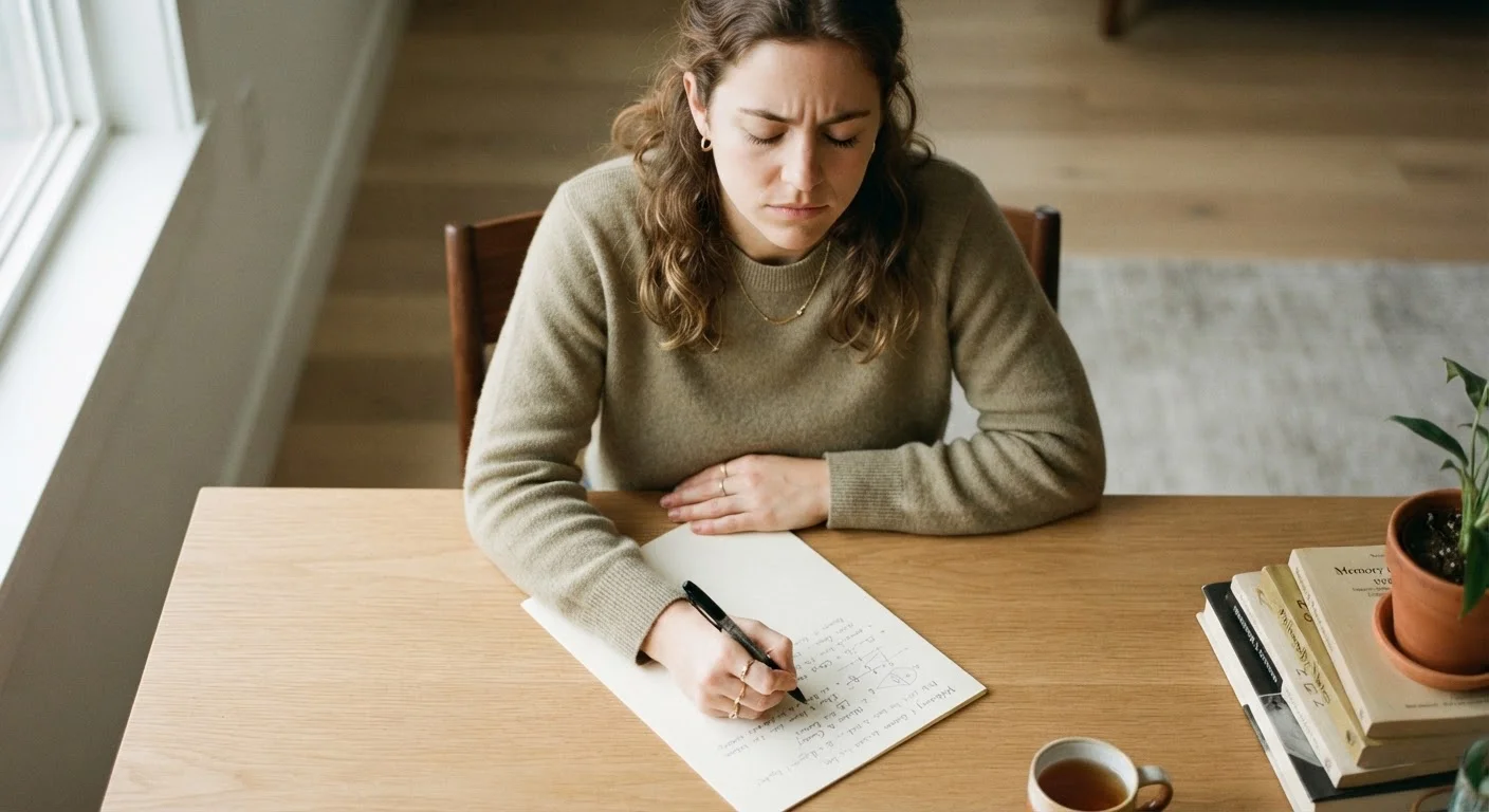 Student writing from memory at a clean desk with natural light, practicing active recall