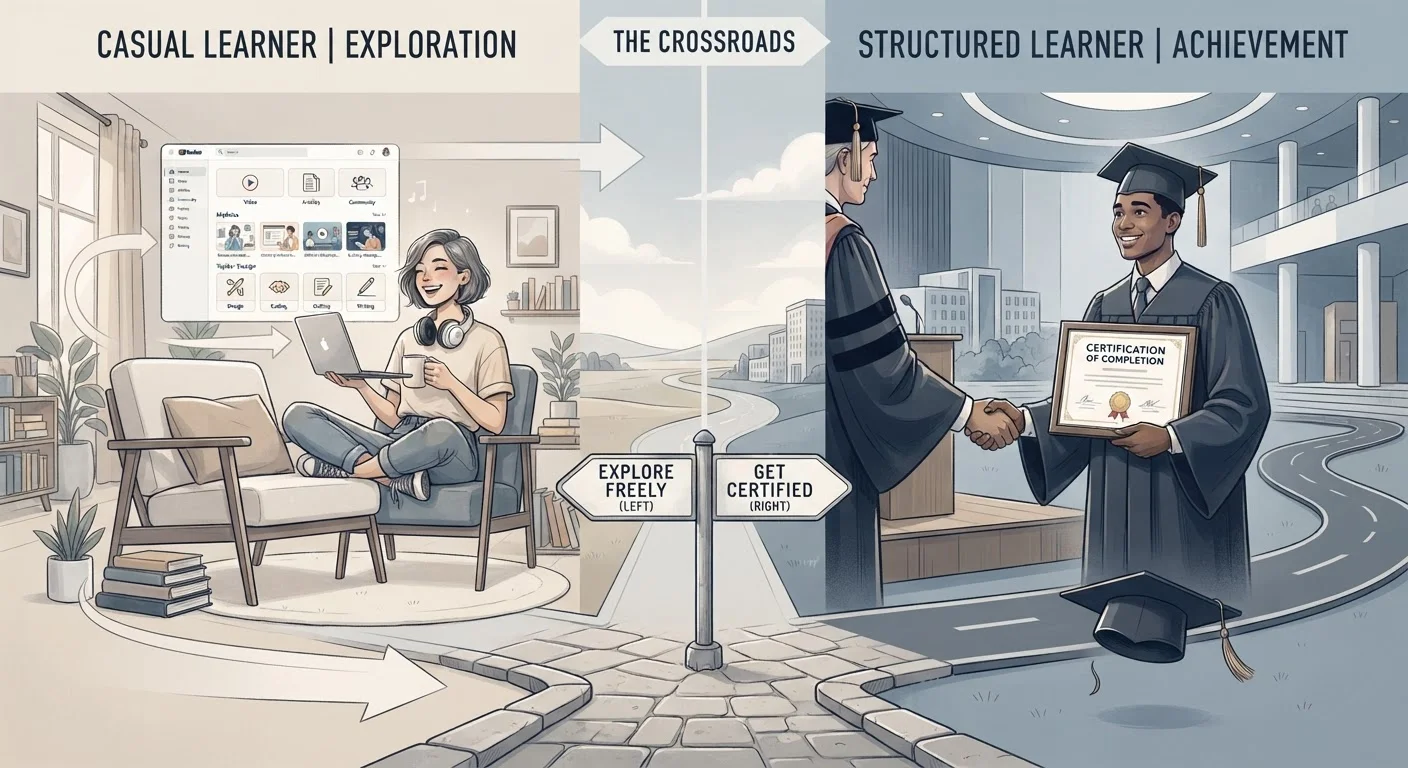Split image contrasting a casual online learner with a student earning a course certificate
