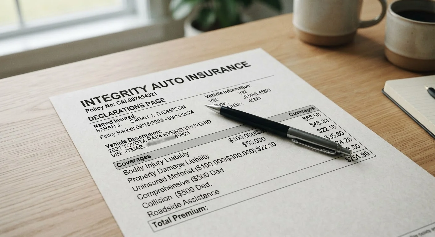 A car insurance declarations page with a pen resting on top, viewed from above