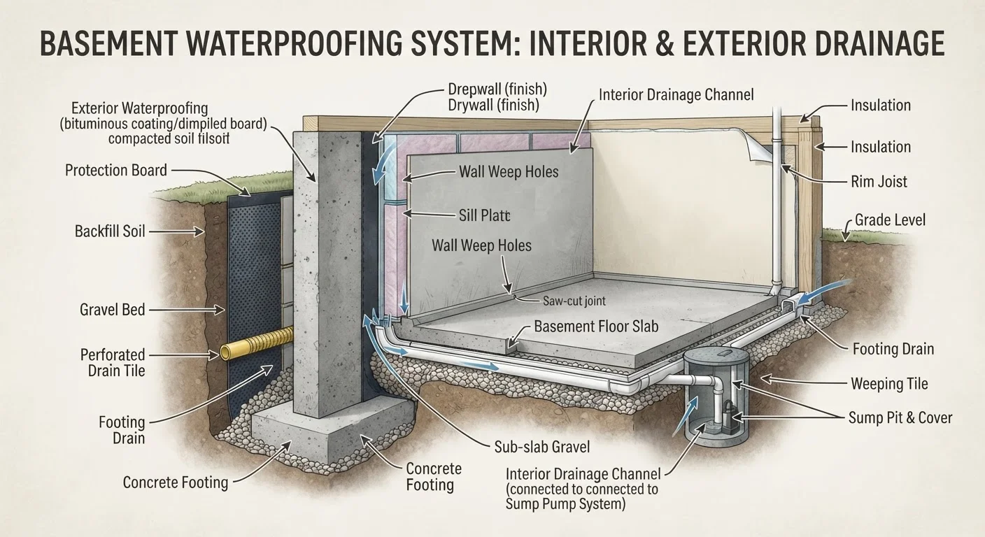 Cross-section view of a basement wall illustrating interior and exterior waterproofing layers and drainage