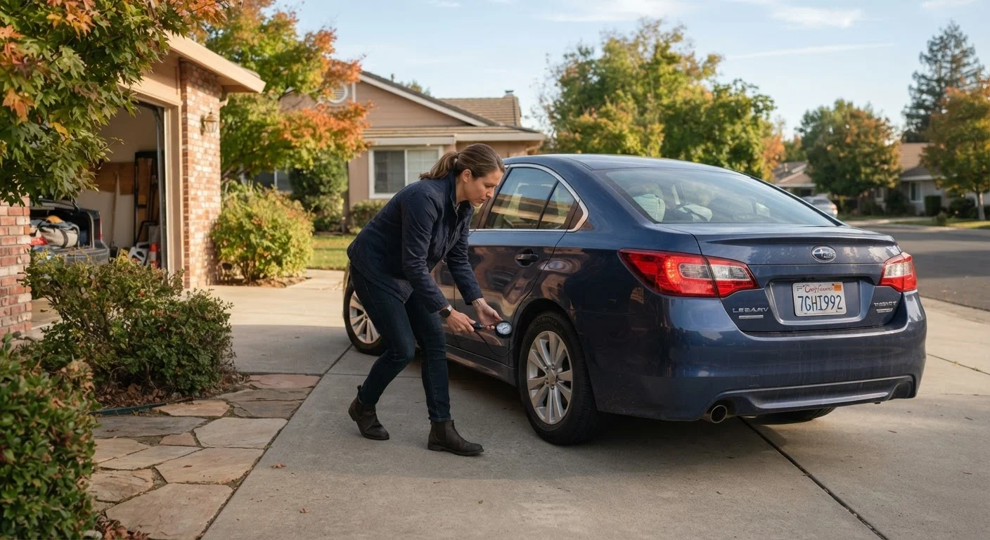 Driver performing a pre-trip walkaround inspection of a sedan in a suburban driveway