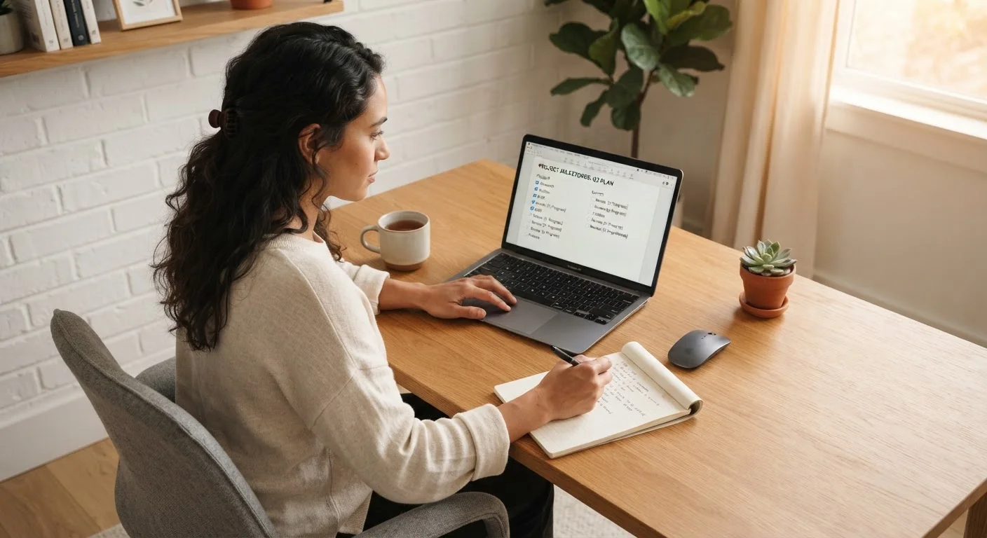 Adult reviewing an online course checklist on a laptop at a tidy home desk