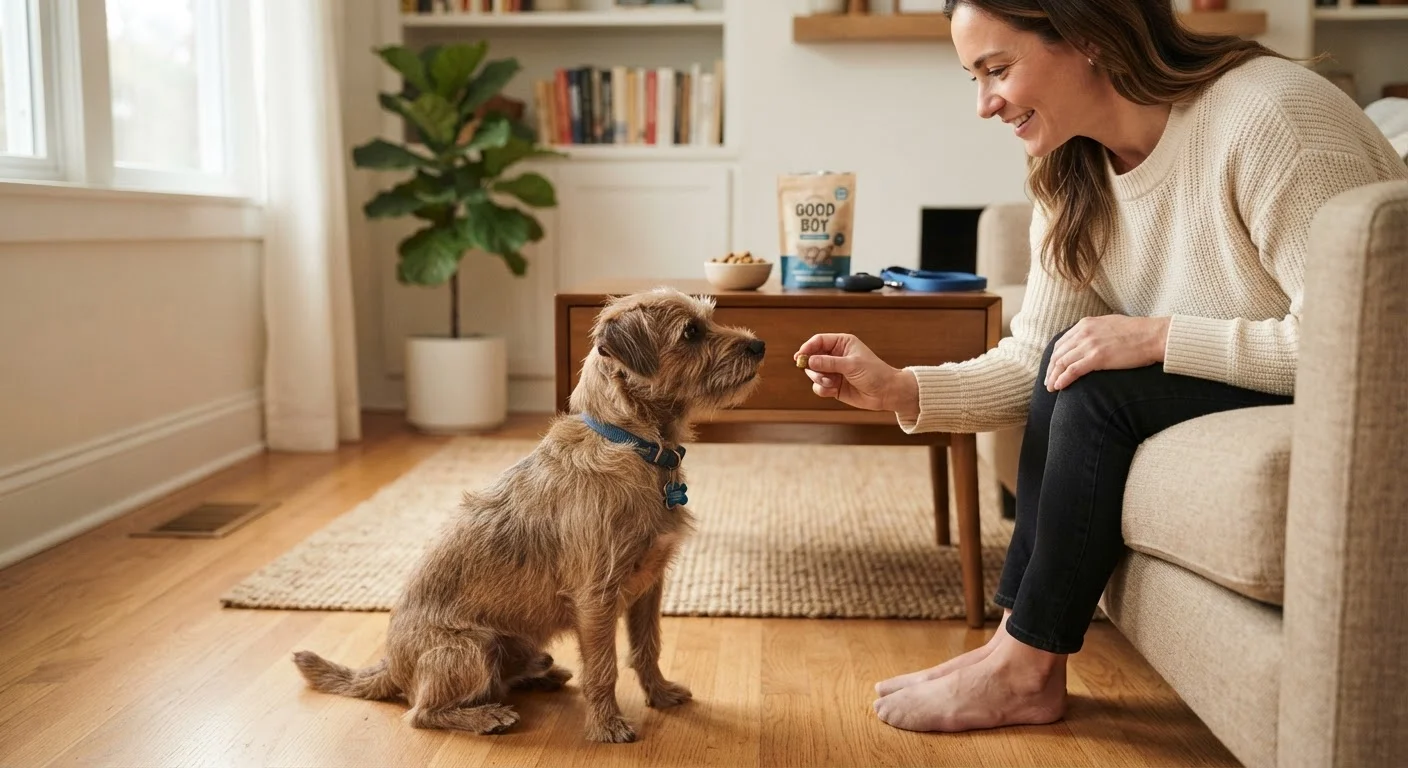 A small dog sitting attentively during a reward-based training session indoors with treats nearby