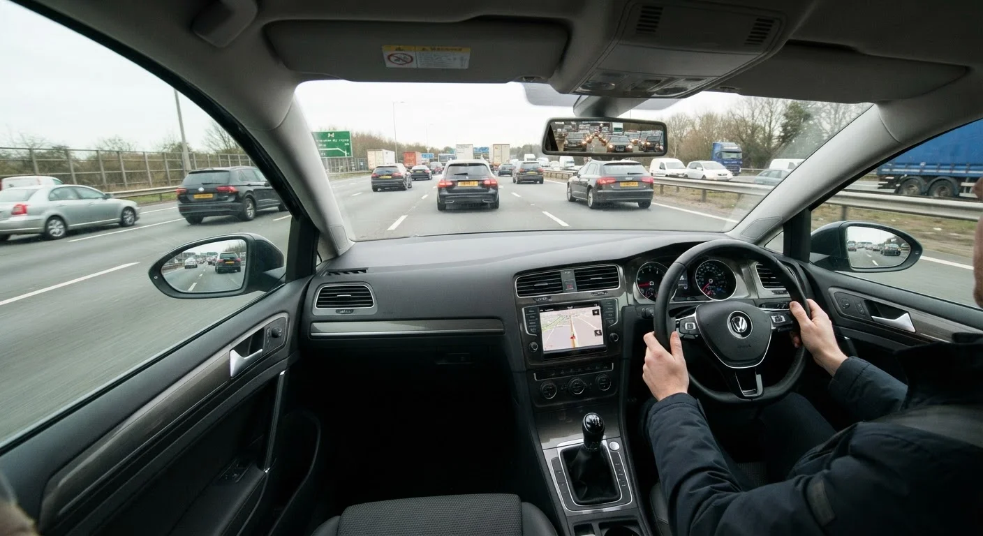 Driver's perspective inside a car showing three mirrors reflecting surrounding highway traffic