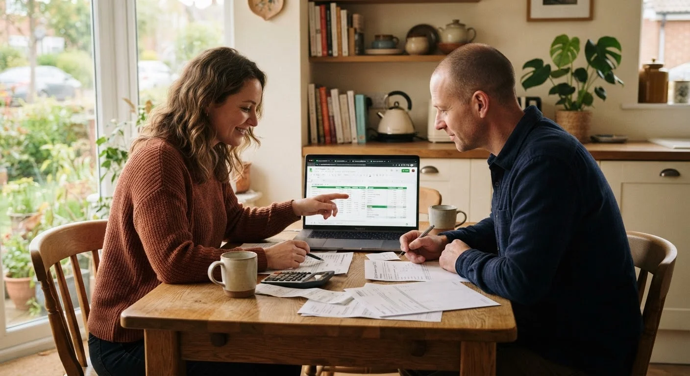 Couple sitting together at a kitchen table reviewing a shared budget on a laptop