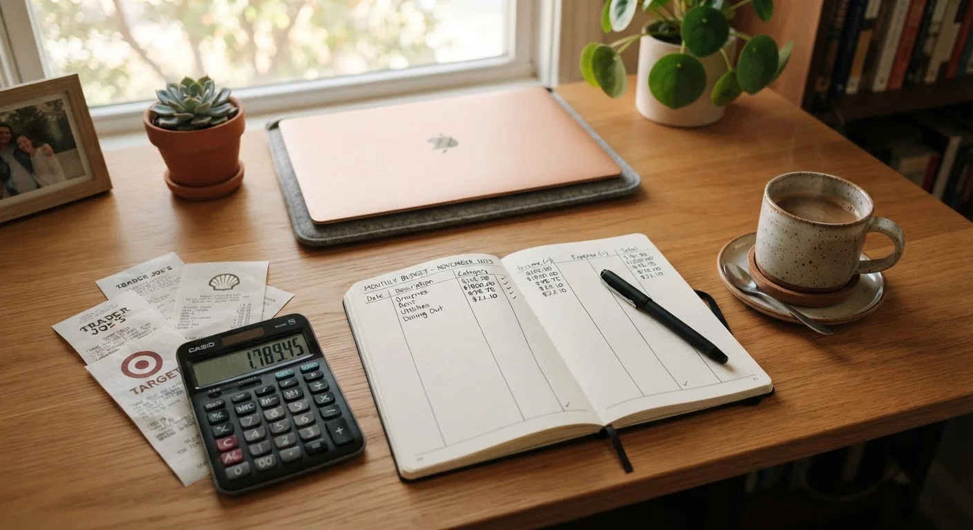 An organized desk with a budget notebook, calculator, and receipts representing irregular income planning