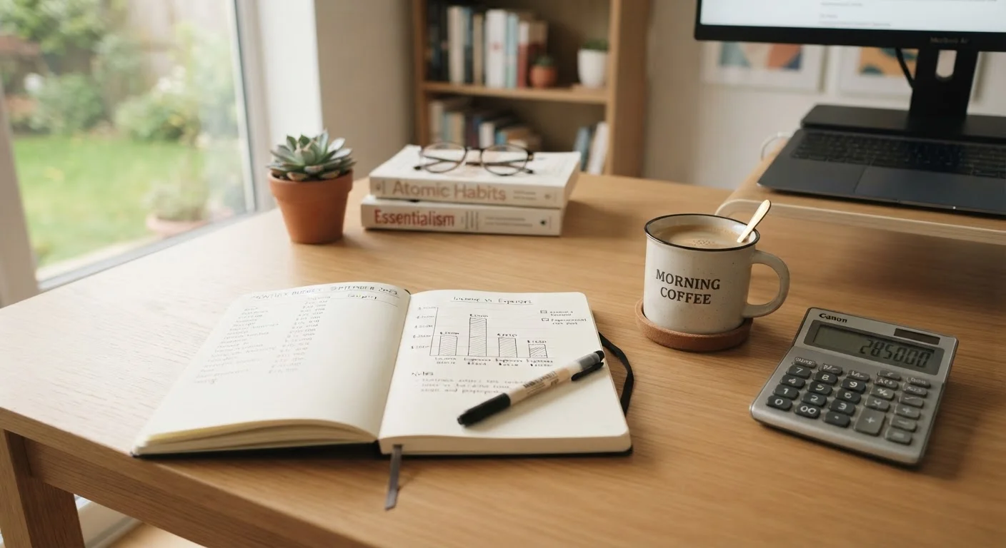 Open budget notebook with handwritten figures, calculator, and coffee cup on a tidy desk