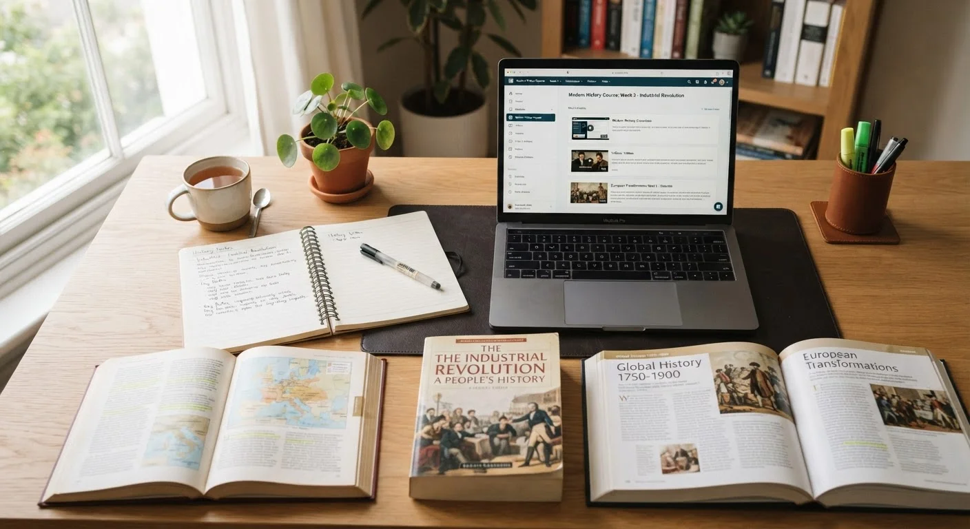 A home desk setup with laptop, notebook, and open books for self-directed online learning.
