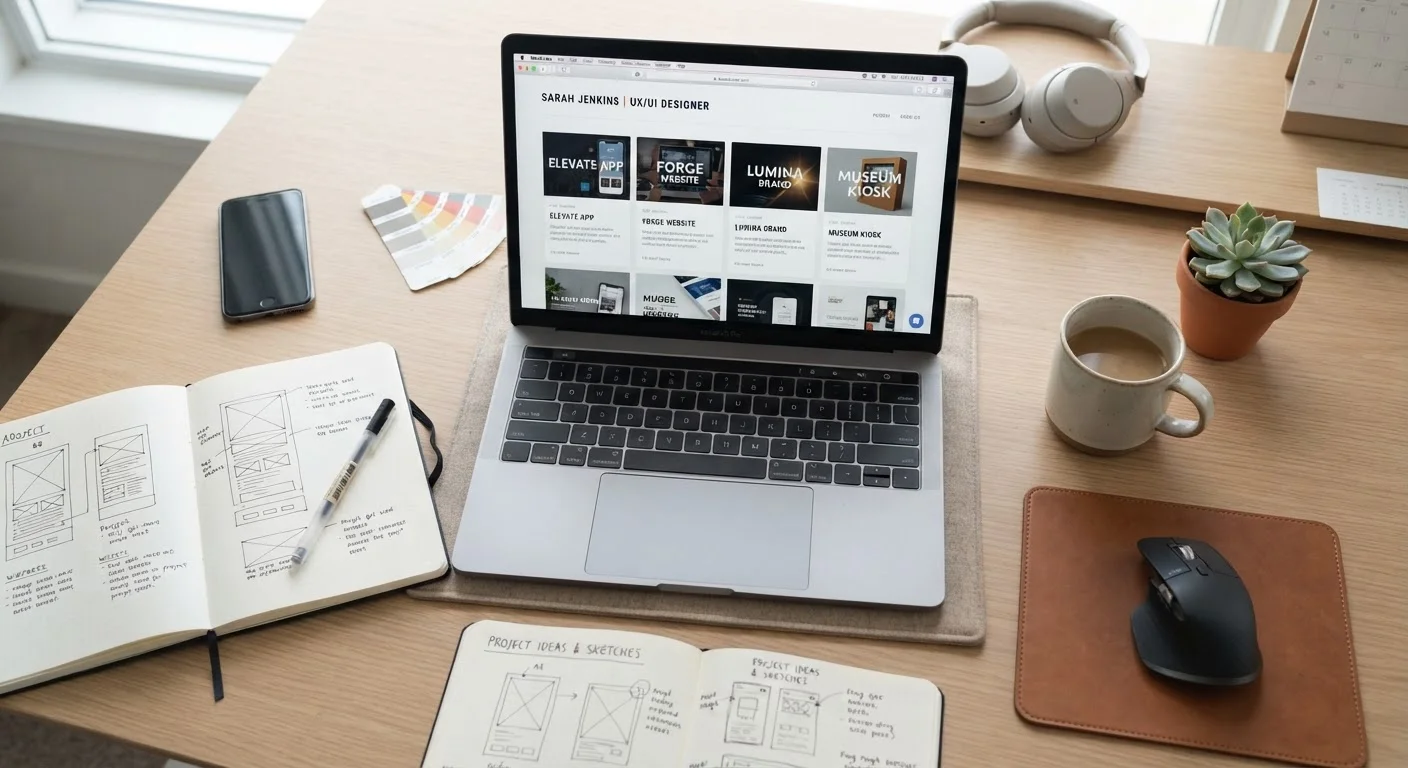 A professional workspace with a laptop showing a digital portfolio and organized project materials