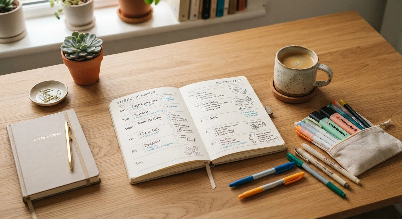 An open weekly planner on a tidy desk with colored pens and a coffee cup