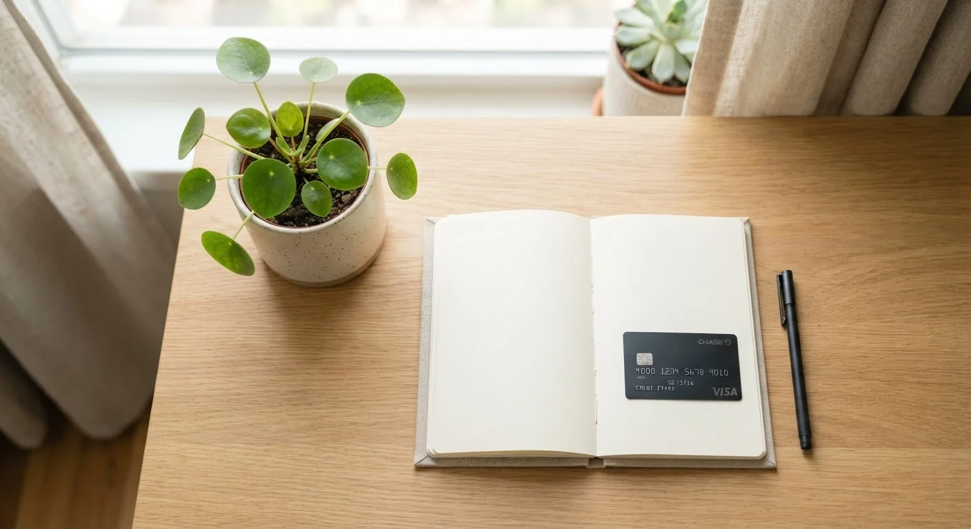 A blank notebook and credit card on a wooden desk representing a fresh financial start