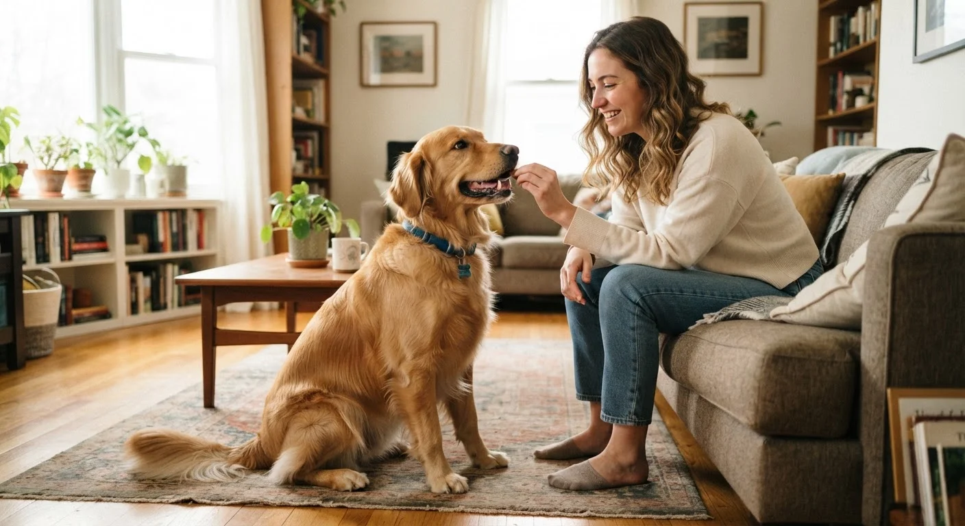 Dog sitting attentively beside owner during a positive reinforcement training session indoors