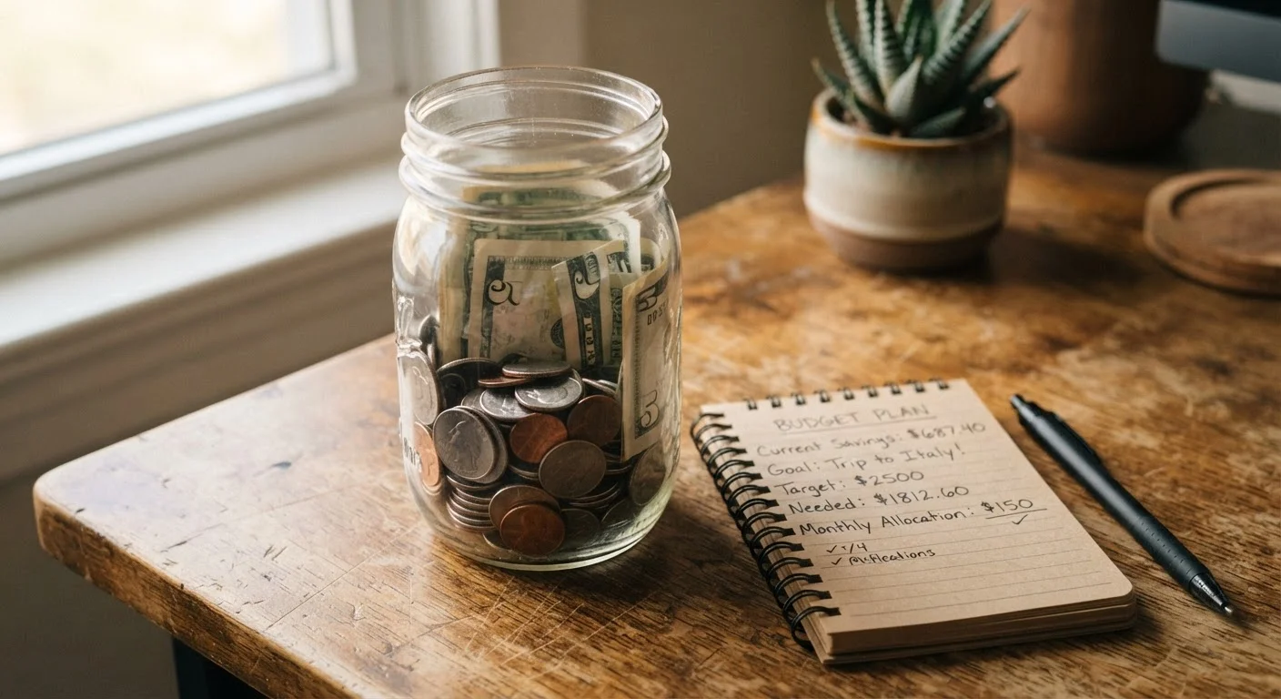 A glass jar filled with coins and cash next to a handwritten savings plan notebook.