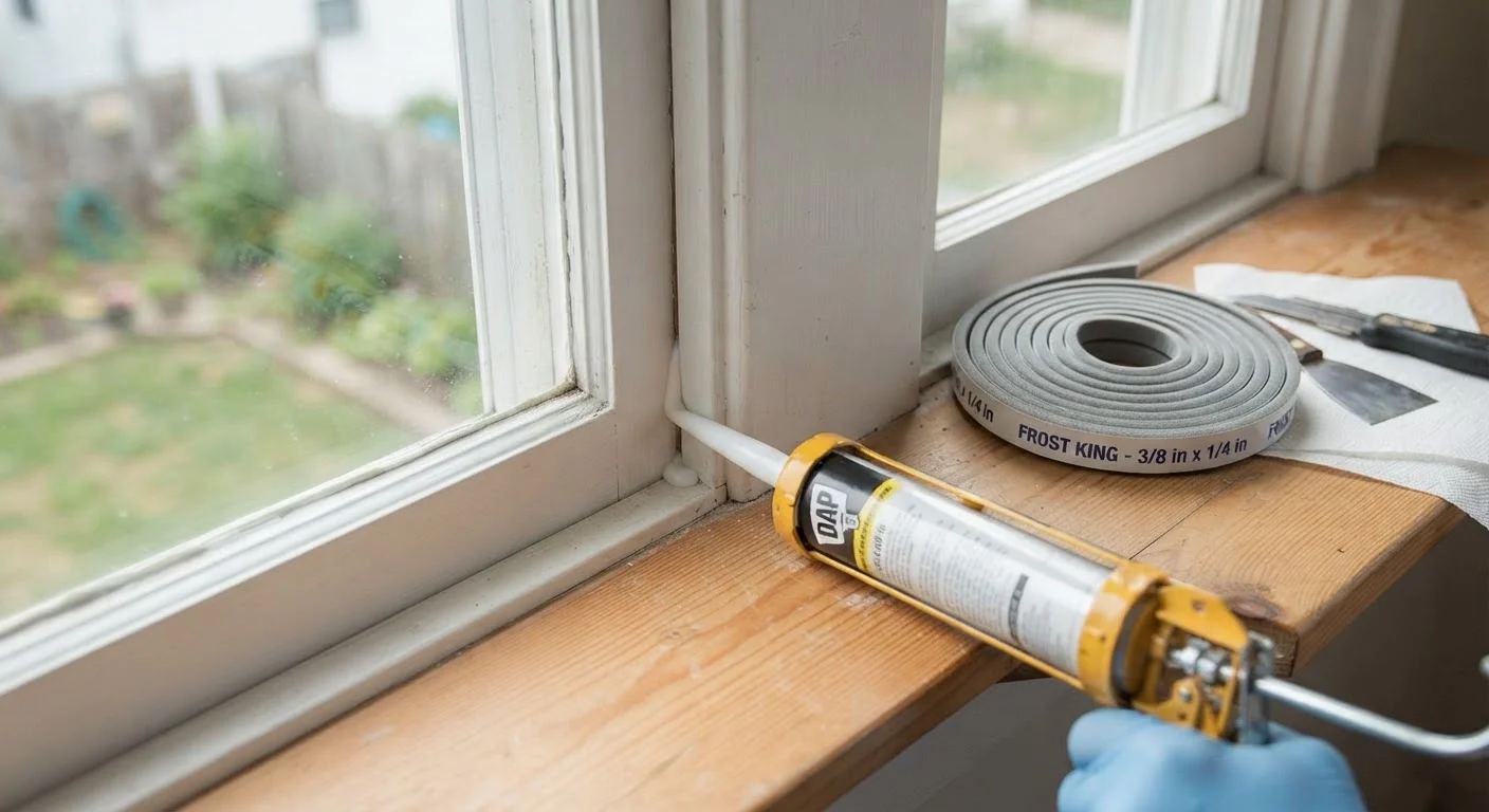 Caulk gun sealing a window gap next to foam weatherstripping on a wooden surface