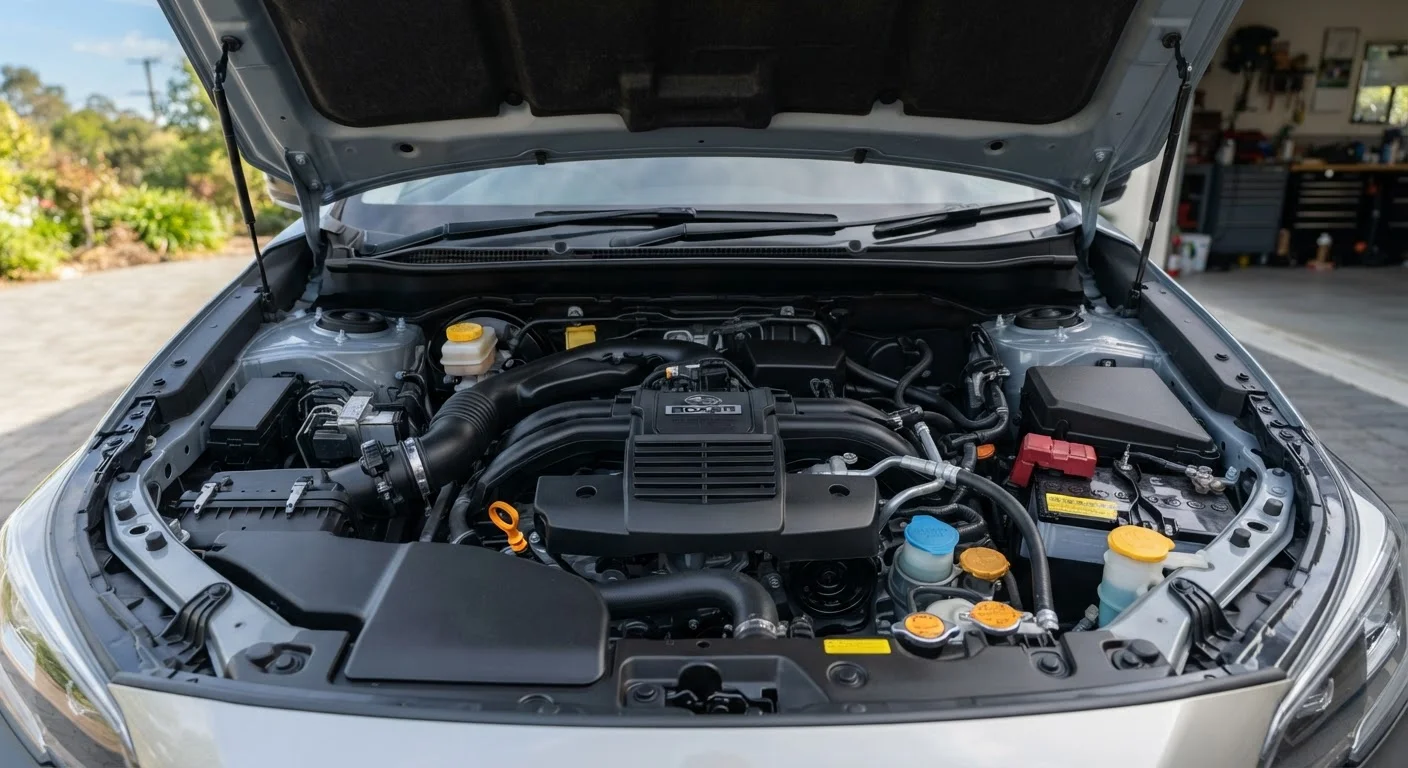 Open car hood revealing engine bay with visible fluid reservoirs and dipstick handles