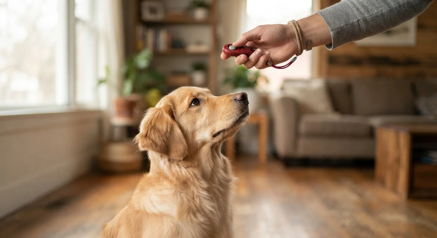 A dog focused on a trainer's hand holding a clicker during a positive reinforcement session