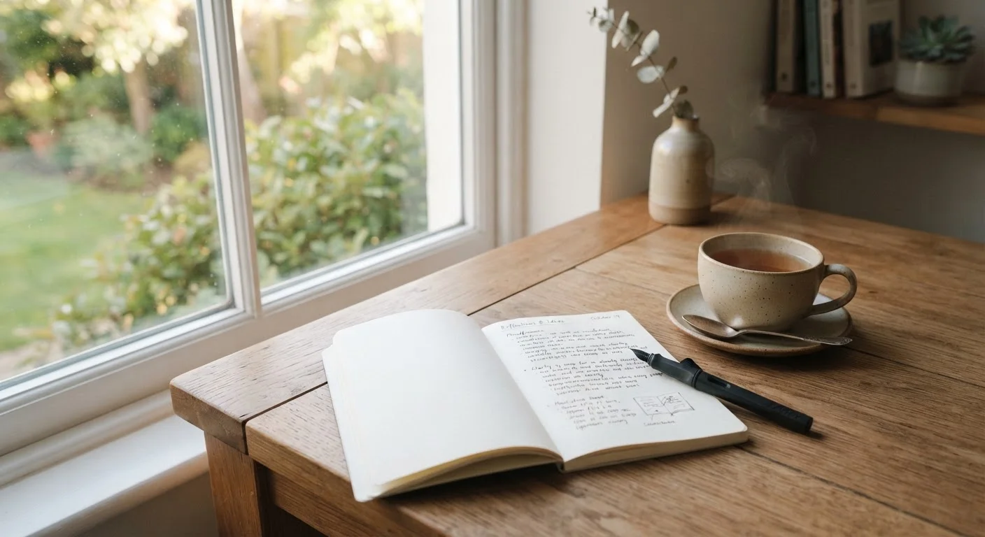 Open notebook and pen on a wooden desk in soft natural light, representing reflective journaling practice.