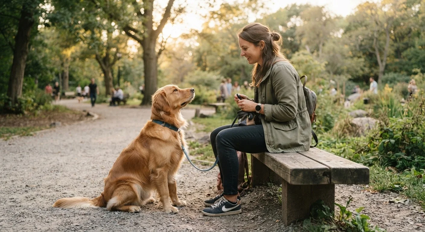 A calm dog sitting attentively next to a person during a positive training session outdoors
