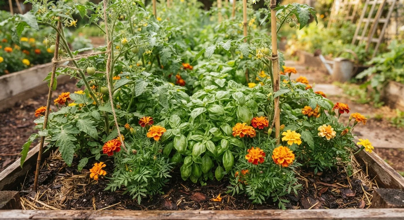 Tomatoes, basil, and marigolds growing together in a companion planting garden bed