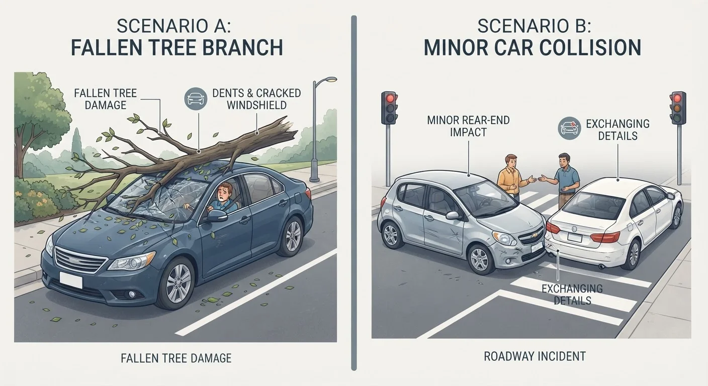 Split image showing a car damaged by a fallen tree versus two cars in a collision