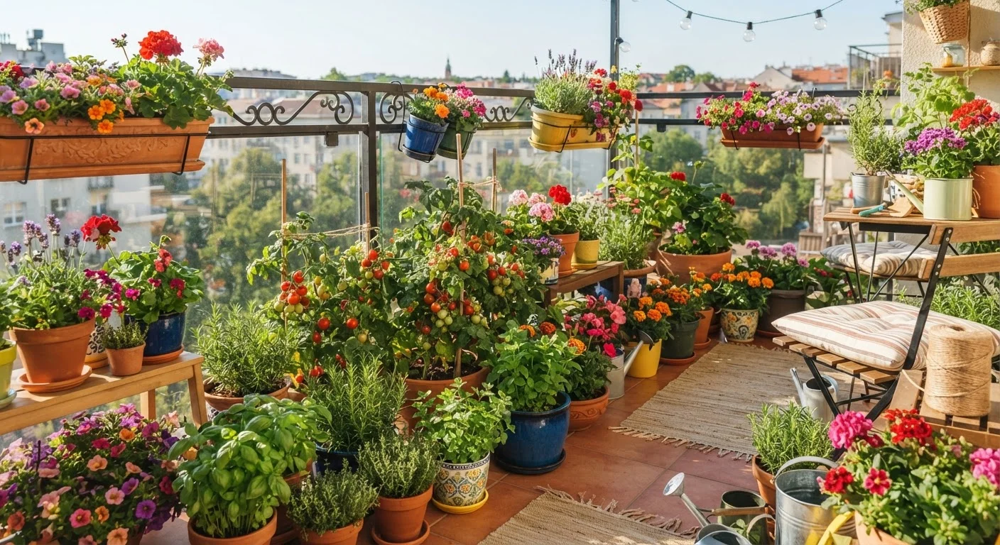 Assorted container plants including herbs, tomatoes, and flowers arranged on a sunny balcony
