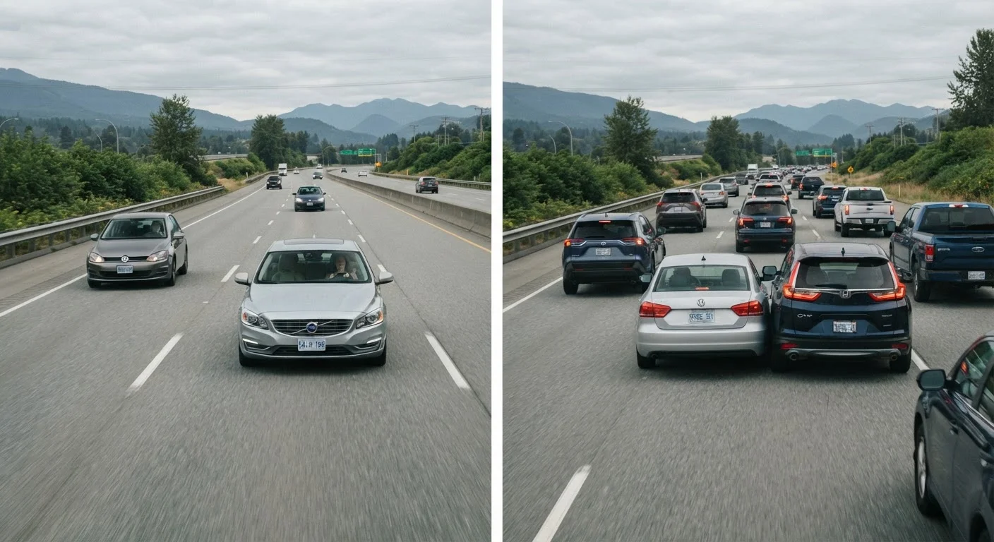 Split-view comparing calm defensive driving with close tailgating on a busy highway