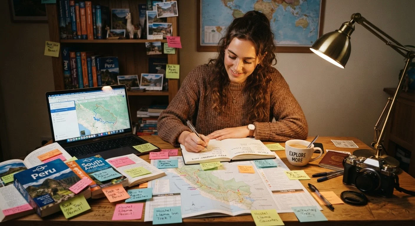 Traveler researching a destination using guidebooks, laptop, and handwritten notes at a desk