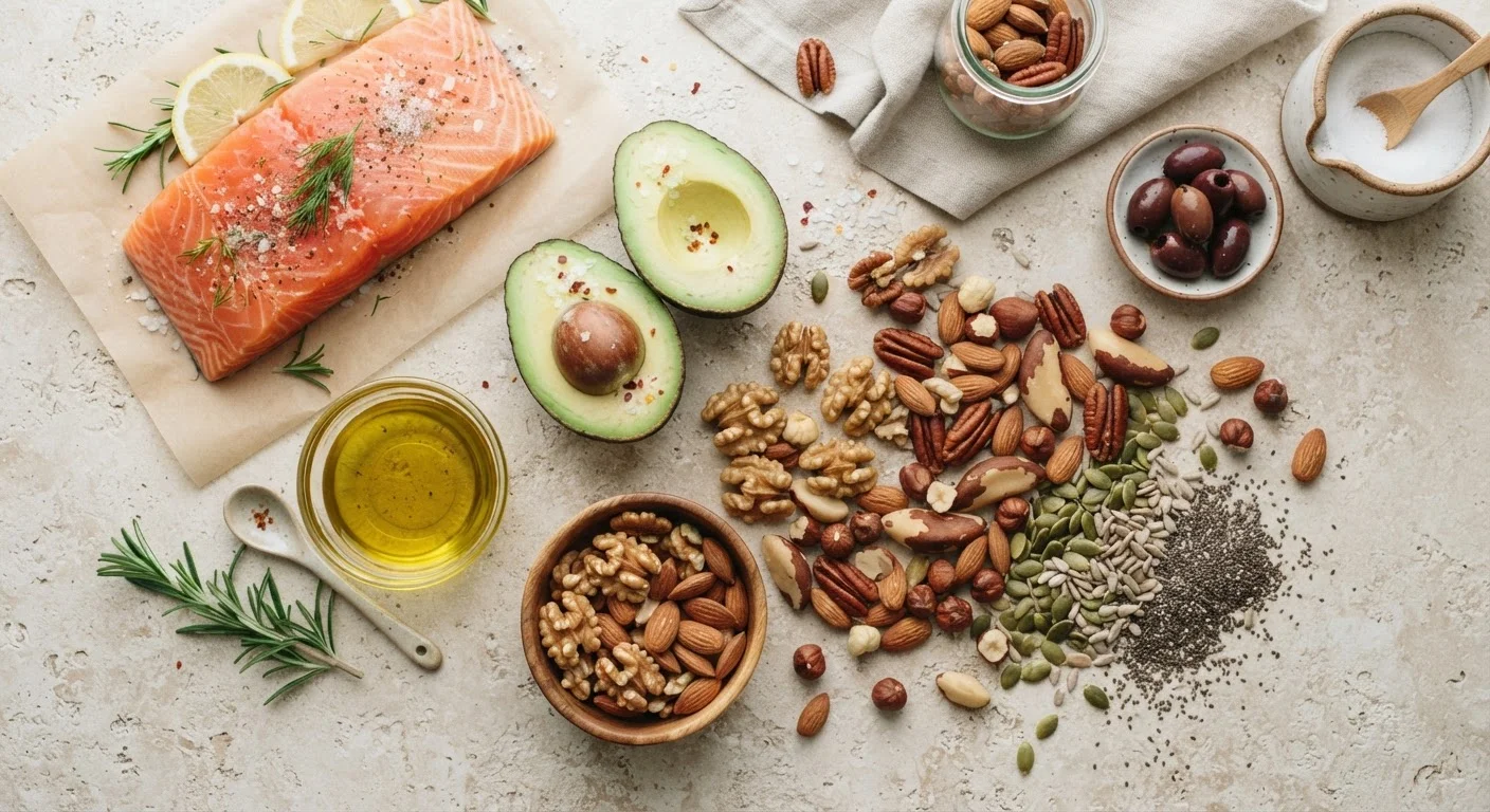 Assortment of whole foods high in healthy fats including avocado, walnuts, olive oil, and salmon