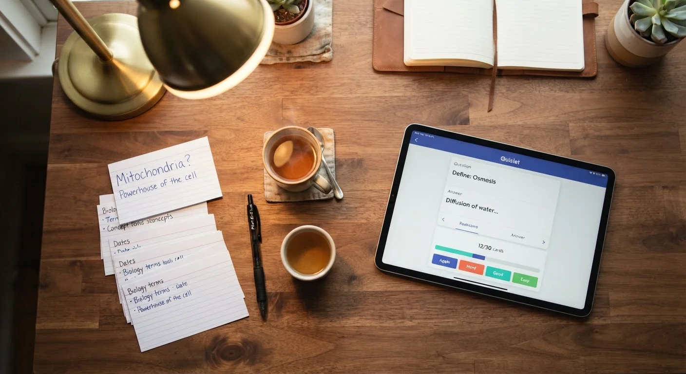 Paper flashcards and a digital tablet displaying a flashcard app side by side on a desk