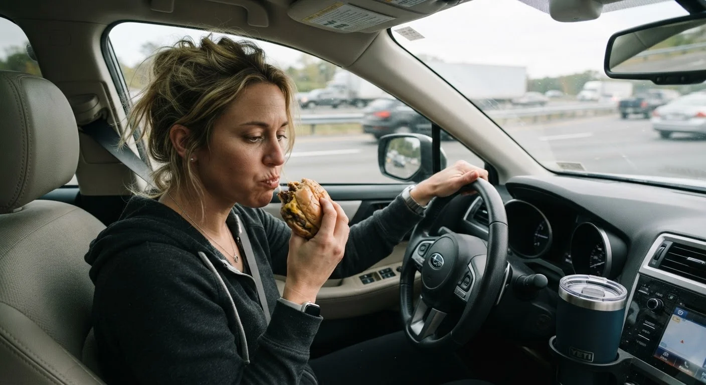 Driver eating a burger with one hand while navigating busy highway traffic