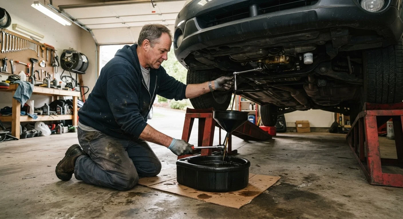 Person performing a DIY oil change at home with car on ramps and drain pan