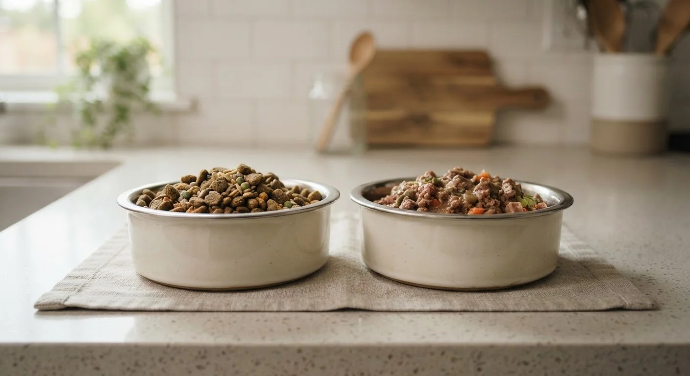Two pet bowls side by side, one with dry kibble and one with wet food