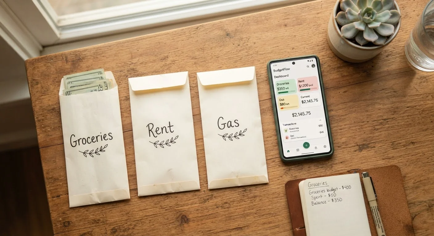 Paper budget envelopes labeled with spending categories next to a smartphone displaying a digital budgeting app