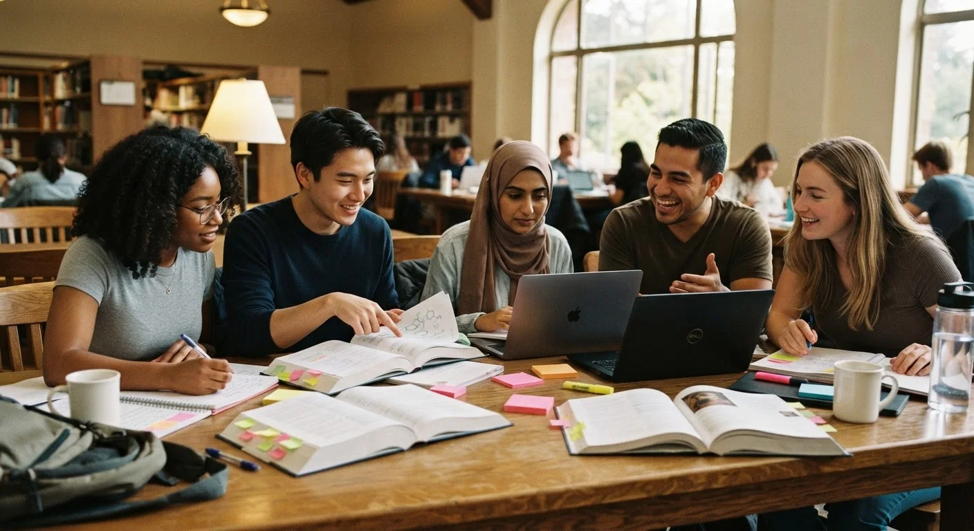 Students studying together at a library table with notebooks and laptops open.