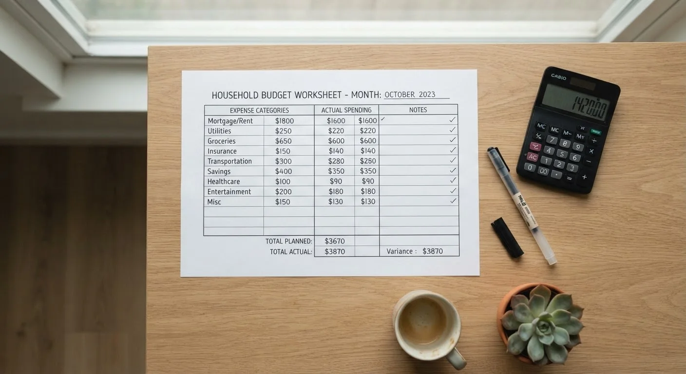 Budget worksheet divided into fixed and variable expense columns on a clean desk