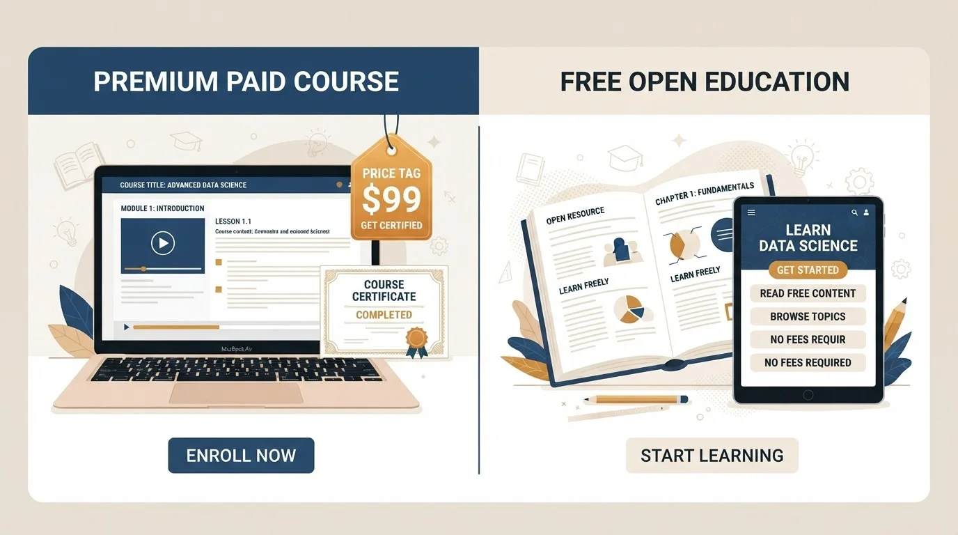 Split screen comparing a paid online course certificate with a free open educational resource on laptop screens