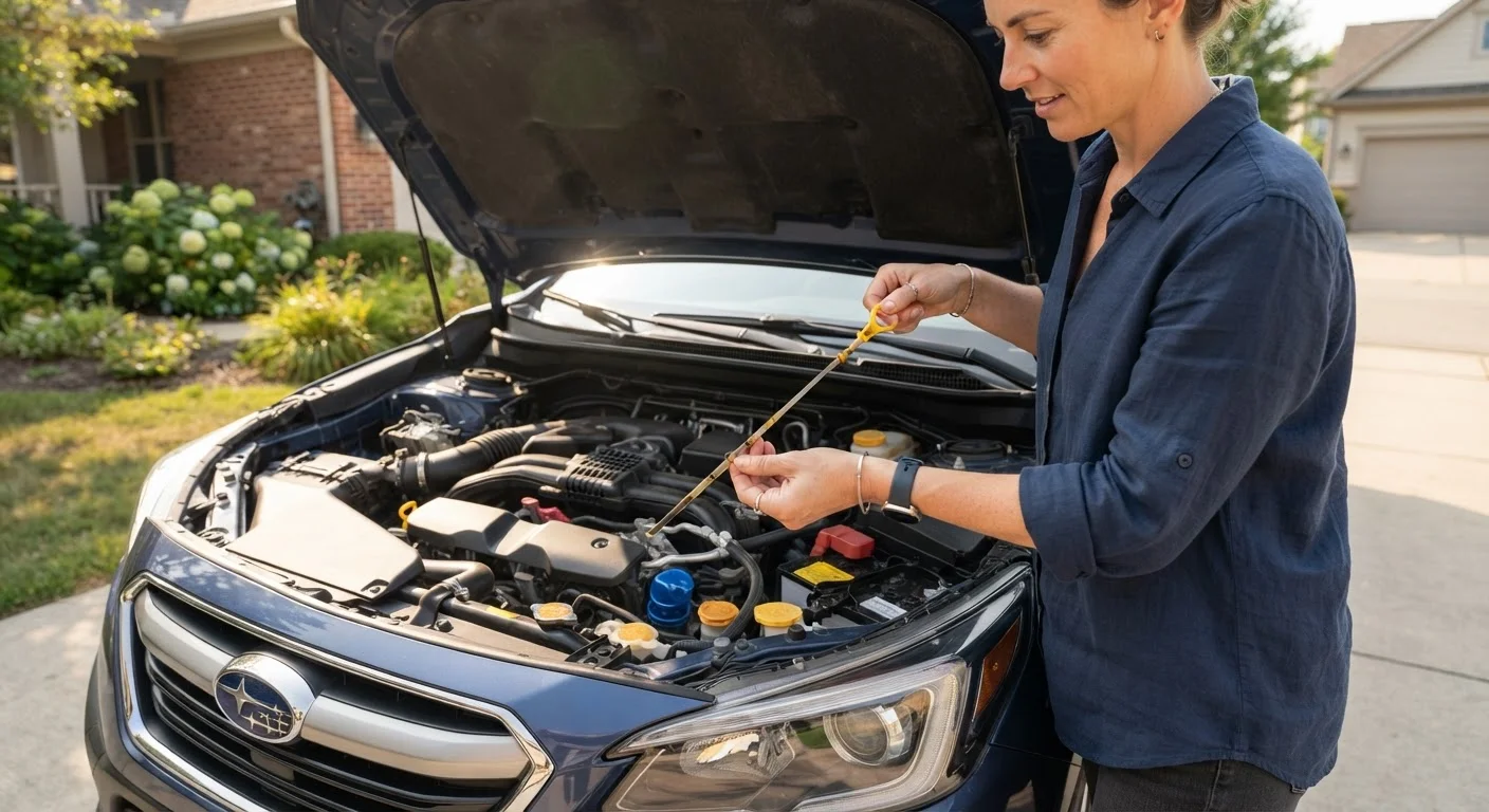 Person checking engine oil level under an open car hood in a residential driveway