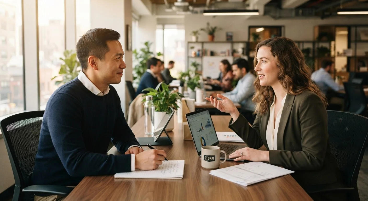 Two colleagues having a focused feedback conversation in a bright, modern workplace