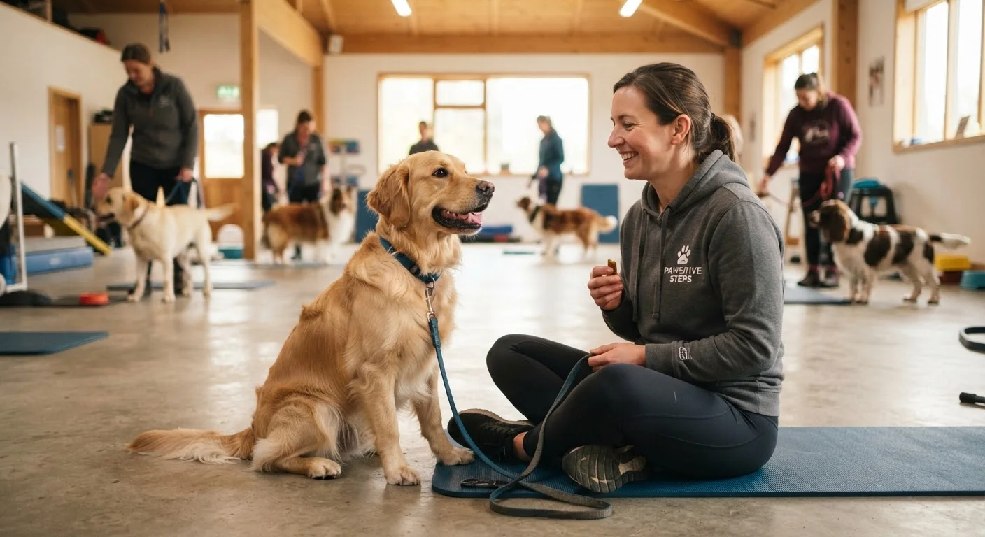 A dog sitting attentively during a group training class with other dogs and owners nearby
