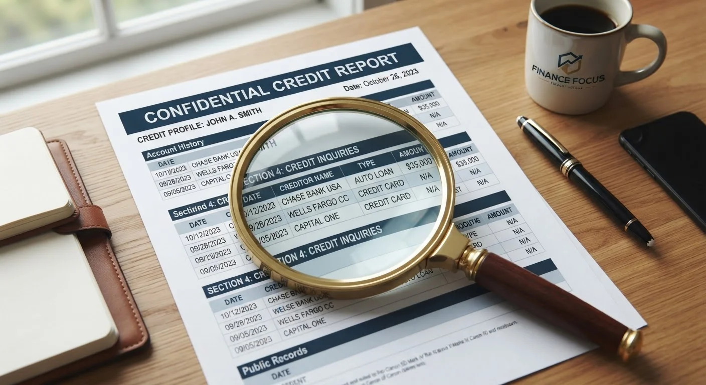 A credit report document with a magnifying glass focused on the inquiries section