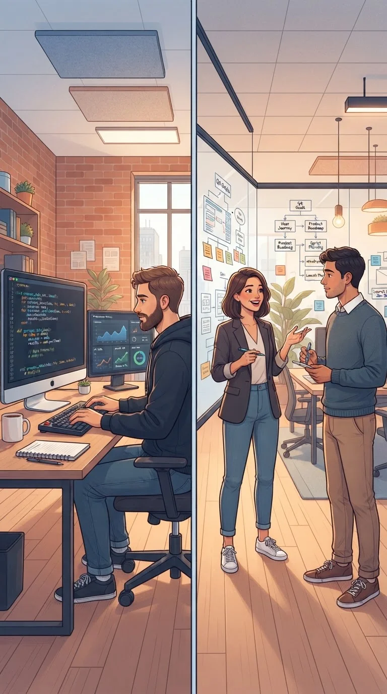 Split illustration contrasting technical work on a computer with collaborative team discussion in an office