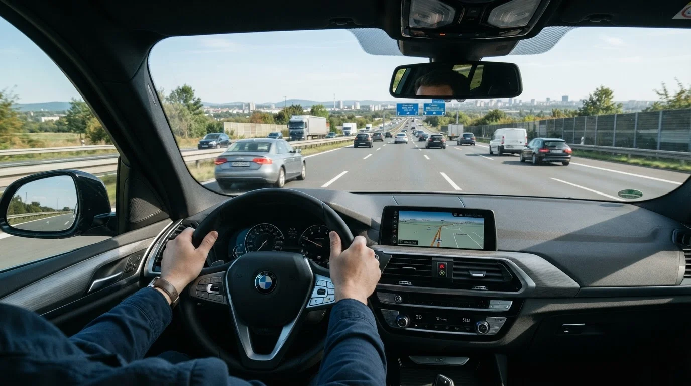 Driver's perspective from inside a car on a busy multi-lane highway with clear lanes ahead