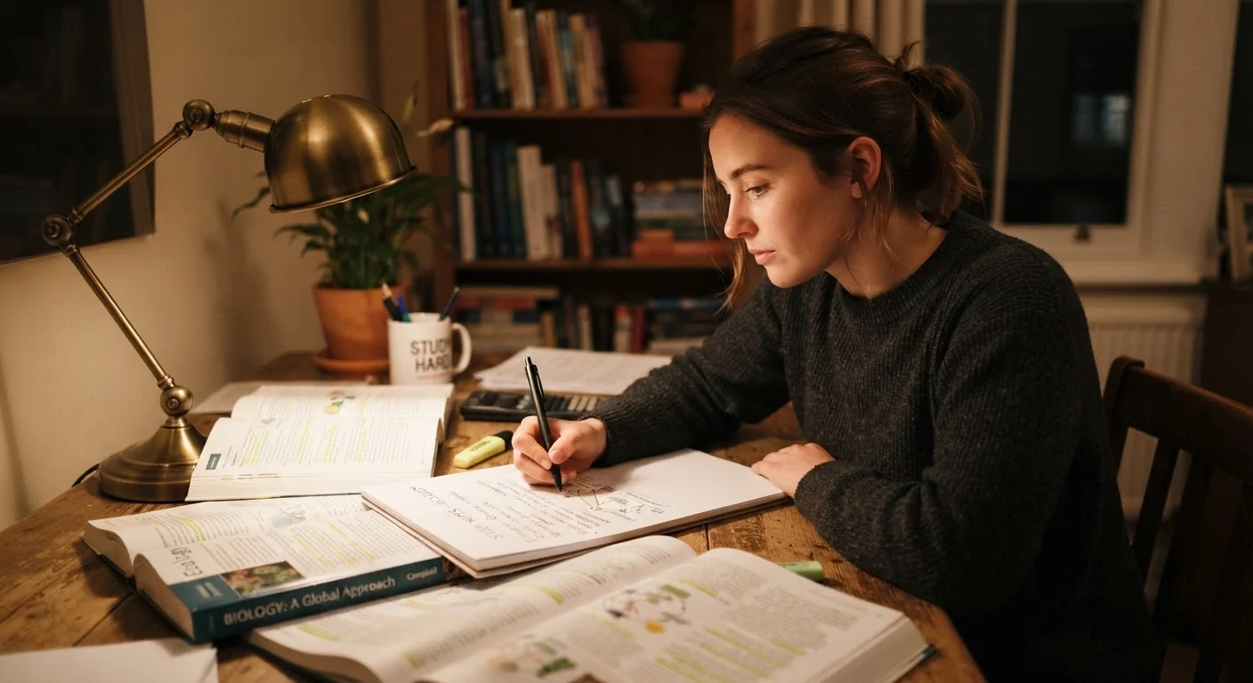 A student writing simplified explanations on paper at a well-lit wooden study desk