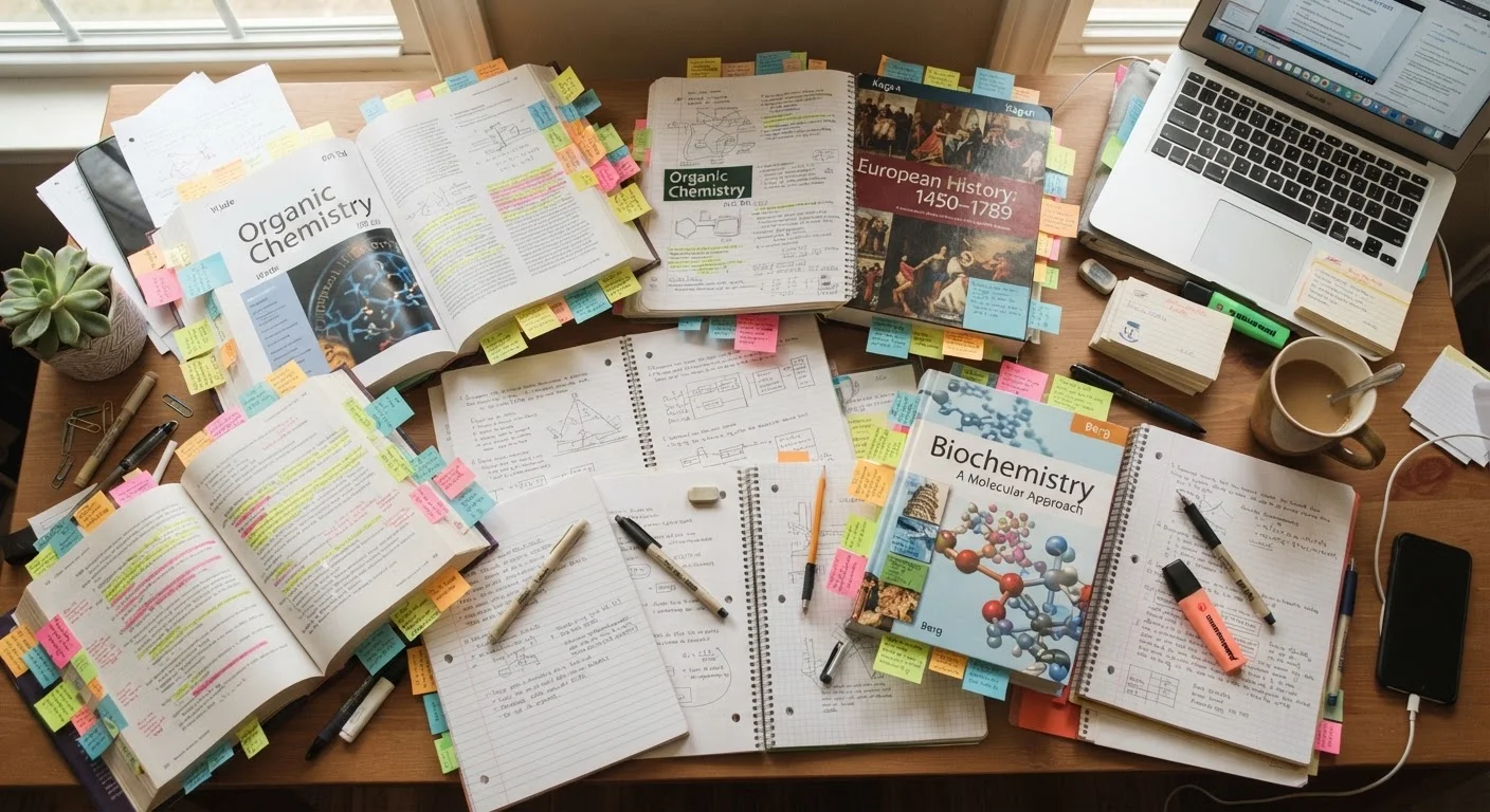 Multiple open textbooks and notebooks spread across a desk representing mixed-subject interleaved study