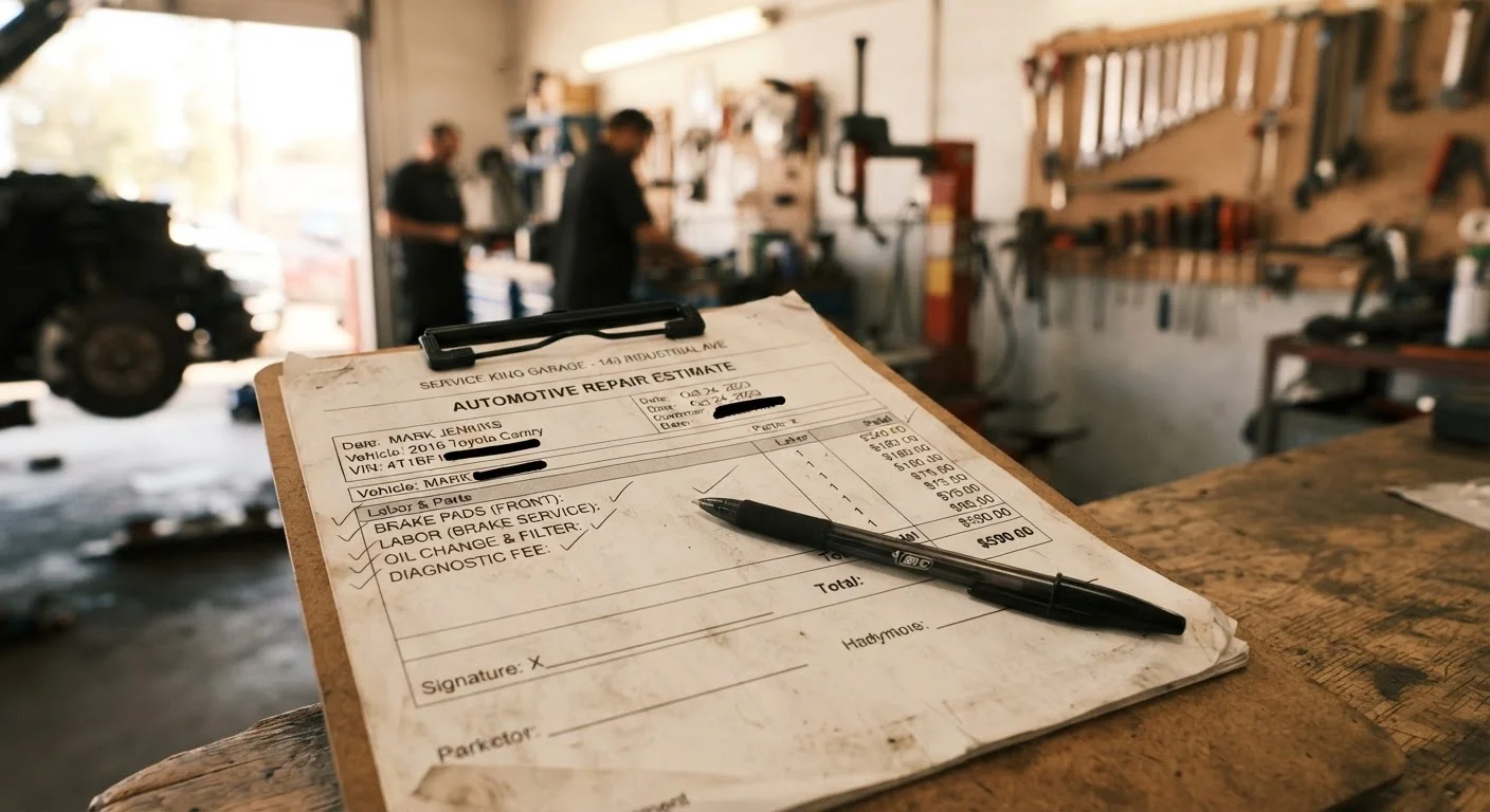 A printed car repair estimate on a clipboard resting on a workshop bench with tools nearby
