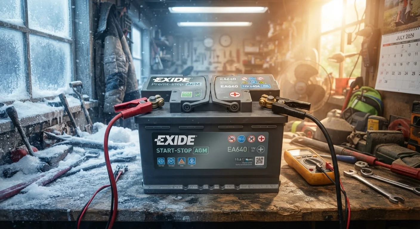 Car battery with visible terminals in a garage setting suggesting seasonal temperature extremes