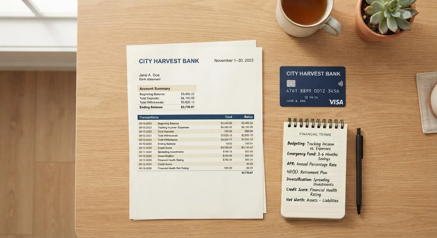 Bank statement, debit card, and notepad with financial terms on a desk