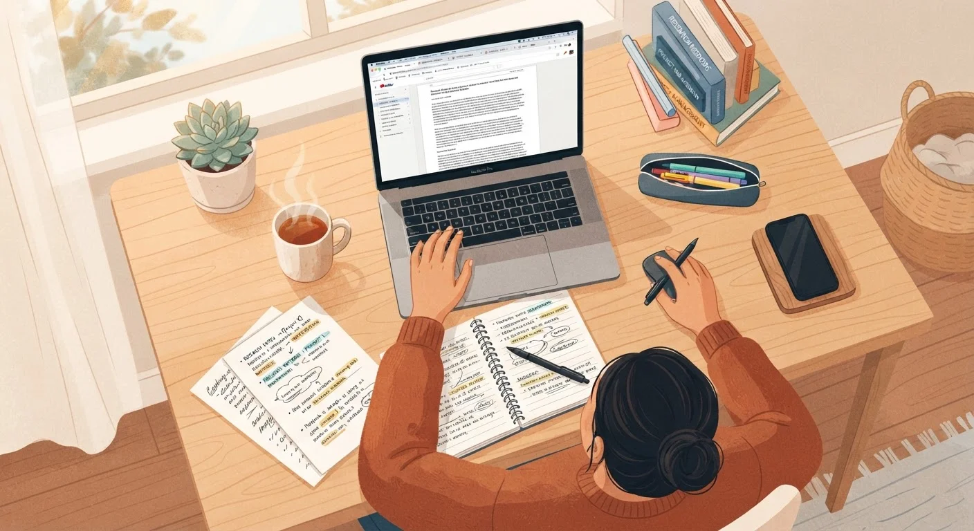 Adult learner reviewing multiple online resources at a desk with handwritten notes nearby