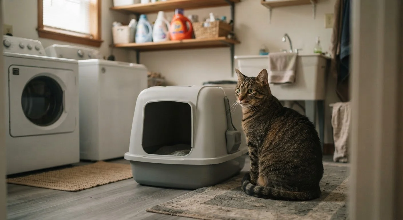 A domestic cat hesitating beside a clean litter box in a home laundry room