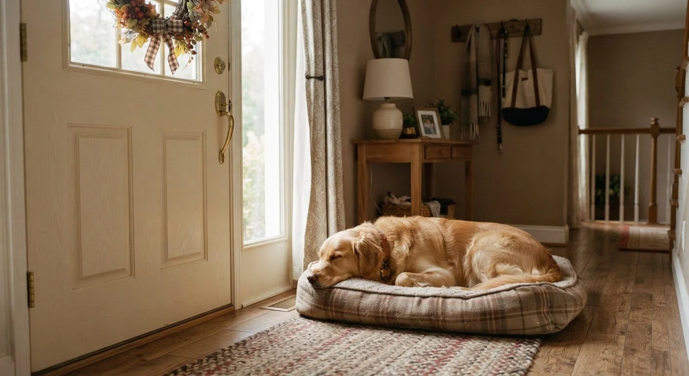A calm dog resting on a bed near a closed front door in a cozy home